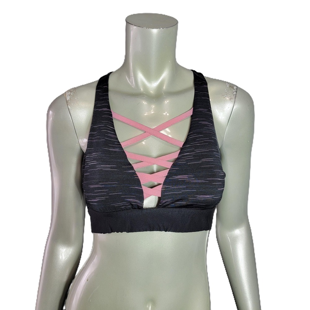 Maurices Womens Space Dye Strappy Front Racerback Sports Bra Black Pink Size M